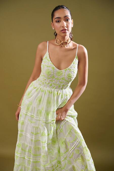 Cin Cin White Cotton Embroidery V-neck Soma Floral Dress Online at Aza Fashions Cin Cin_White Cotton Embroidery V-neck Soma Floral Dress _Online_at_Aza_Fashions