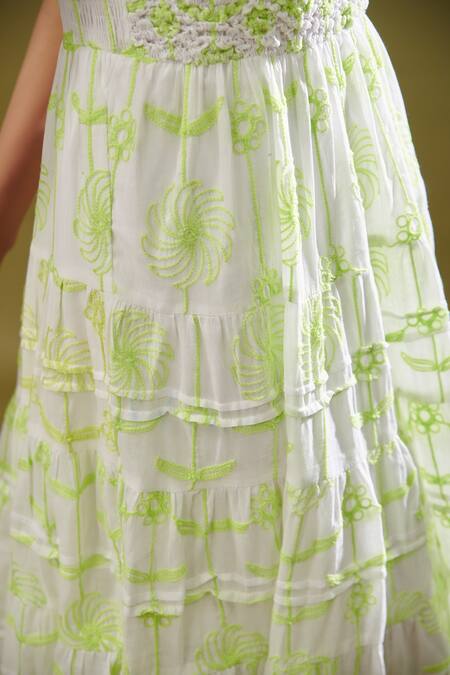 Shop Cin Cin White Cotton Embroidery V-neck Soma Floral Dress Online at Aza Fashions Shop_Cin Cin_White Cotton Embroidery V-neck Soma Floral Dress _Online_at_Aza_Fashions