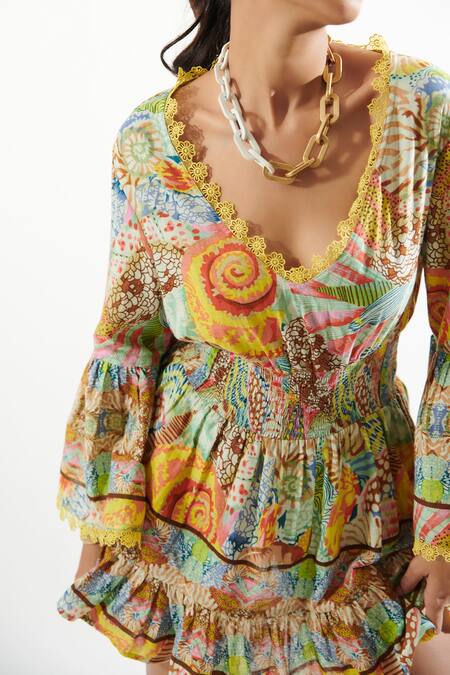 Buy_Cin Cin_Multi Color Cotton Lace V-neck Swarna Abstract Print Dress