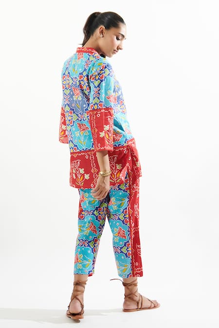 Cin Cin Blue Cotton Beads, Patchwork Mandarin Collar Ruhaani Printed Top And Pant Set Online at Aza Fashions Cin Cin_Blue Cotton Beads, Patchwork Mandarin Collar Ruhaani Printed Top And Pant Set _Online_at_Aza_Fashions
