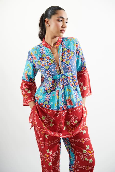 Buy Cin Cin Blue Cotton Beads, Patchwork Mandarin Collar Ruhaani Printed Top And Pant Set Online at Aza Fashions Buy_Cin Cin_Blue Cotton Beads, Patchwork Mandarin Collar Ruhaani Printed Top And Pant Set _Online_at_Aza_Fashions