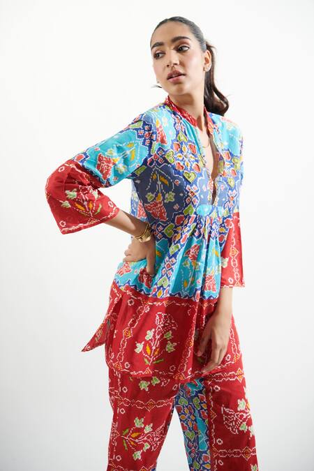 Shop Cin Cin Blue Cotton Beads, Patchwork Mandarin Collar Ruhaani Printed Top And Pant Set Online at Aza Fashions Shop_Cin Cin_Blue Cotton Beads, Patchwork Mandarin Collar Ruhaani Printed Top And Pant Set _Online_at_Aza_Fashions