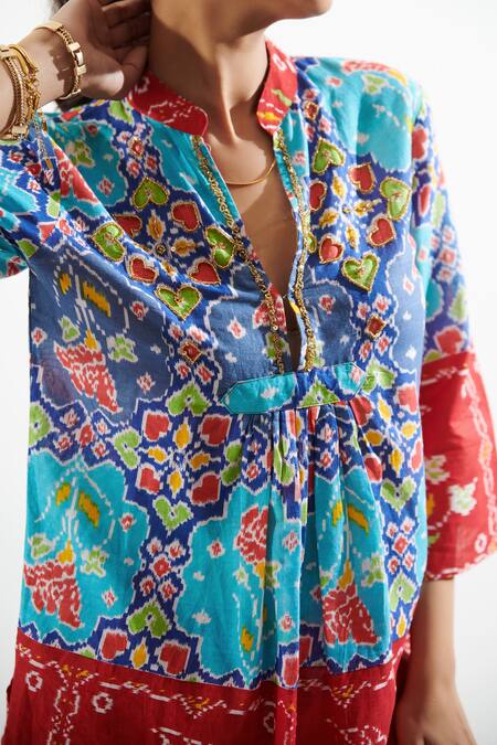 Cin Cin Blue Cotton Beads, Patchwork Mandarin Collar Ruhaani Printed Top And Pant Set at Aza Fashions Cin Cin_Blue Cotton Beads, Patchwork Mandarin Collar Ruhaani Printed Top And Pant Set _at_Aza_Fashions