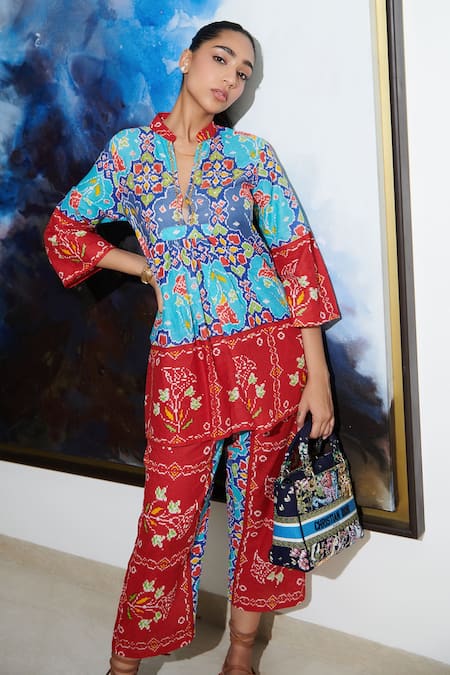 Shop Cin Cin Blue Cotton Beads, Patchwork Mandarin Collar Ruhaani Printed Top And Pant Set Shop_Cin Cin_Blue Cotton Beads, Patchwork Mandarin Collar Ruhaani Printed Top And Pant Set