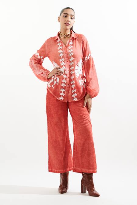 Buy_Cin Cin_Coral Cotton Embroidery Collared Urmi Shirt And Pant Set_Online_at_Aza_Fashions