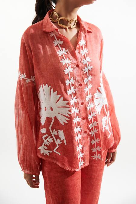 Shop_Cin Cin_Coral Cotton Embroidery Collared Urmi Shirt And Pant Set_Online_at_Aza_Fashions