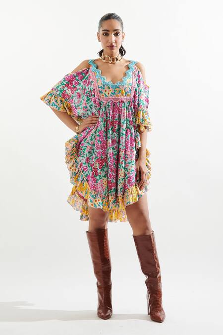 Shop_Cin Cin_Pink Cotton Embroidery, Mirrors Scoop Neck Ugaan Floral Print Kaftan_Online_at_Aza_Fashions