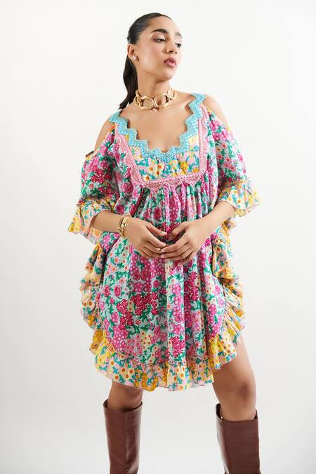 Cin Cin_Pink Cotton Embroidery, Mirrors Scoop Neck Ugaan Floral Print Kaftan_at_Aza_Fashions