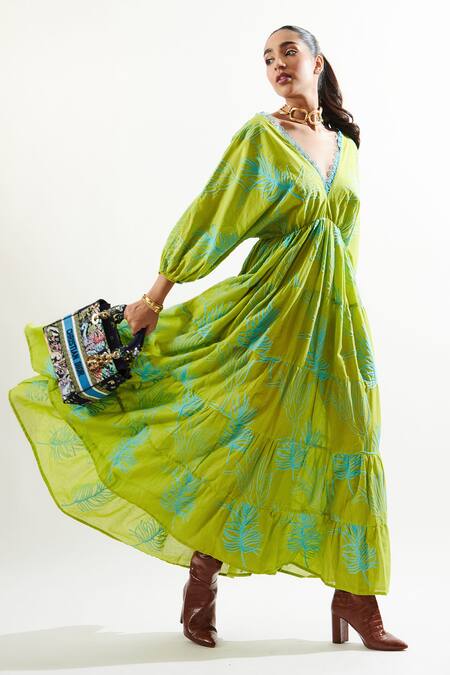 Buy Cin Cin Green Cotton Lace V-neck Falak Tiered Hem Maxi Dress Online at Aza Fashions Buy_Cin Cin_Green Cotton Lace V-neck Falak Tiered Hem Maxi Dress _Online_at_Aza_Fashions