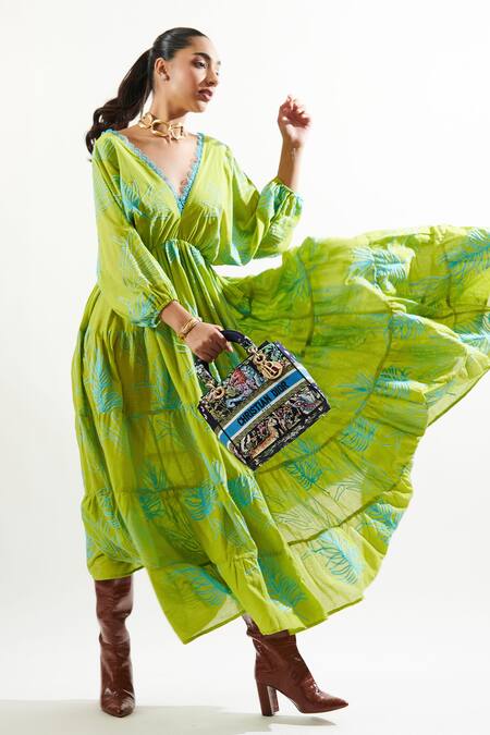 Shop Cin Cin Green Cotton Lace V-neck Falak Tiered Hem Maxi Dress Online at Aza Fashions Shop_Cin Cin_Green Cotton Lace V-neck Falak Tiered Hem Maxi Dress _Online_at_Aza_Fashions