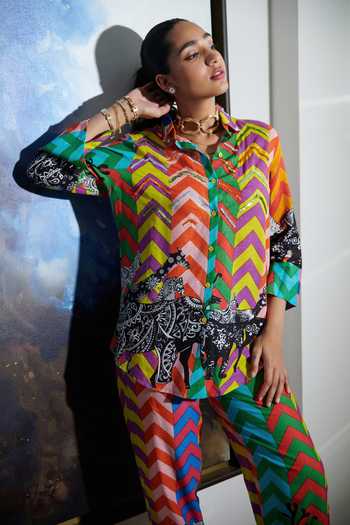 Cin Cin_Multi Color Cotton Sequins, Embroidery Collared Sarang Printed Shirt And Pant Set_Online_at_Aza_Fashions