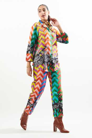 Buy_Cin Cin_Multi Color Cotton Sequins, Embroidery Collared Sarang Printed Shirt And Pant Set_Online_at_Aza_Fashions