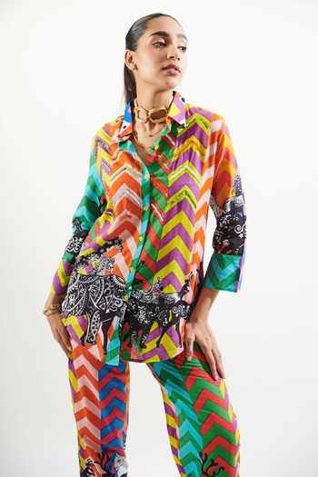 Shop_Cin Cin_Multi Color Cotton Sequins, Embroidery Collared Sarang Printed Shirt And Pant Set_Online_at_Aza_Fashions