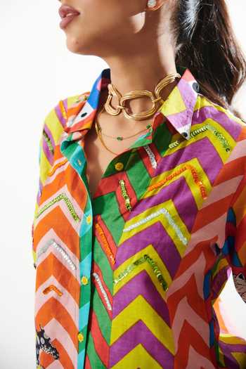 Cin Cin_Multi Color Cotton Sequins, Embroidery Collared Sarang Printed Shirt And Pant Set_at_Aza_Fashions