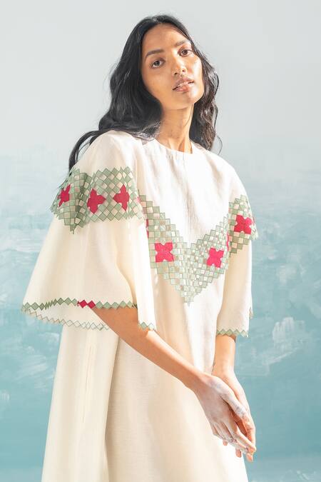 Ikai By Ragini Ahuja_Ivory Chanderi, Cotton Applique Round Neck Nile Cutwork Dress_Online_at_Aza_Fashions