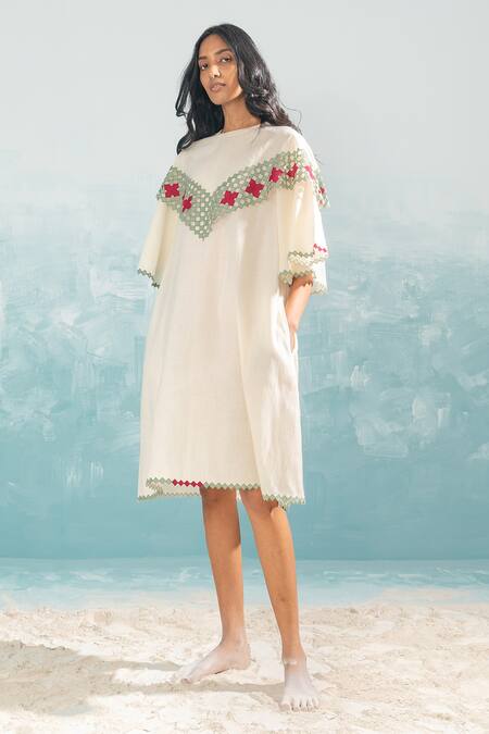 Buy_Ikai By Ragini Ahuja_Ivory Chanderi, Cotton Applique Round Neck Nile Cutwork Dress_Online_at_Aza_Fashions
