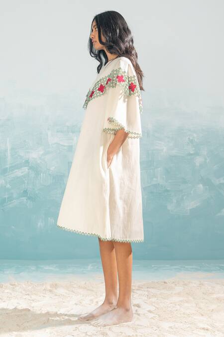 Shop_Ikai By Ragini Ahuja_Ivory Chanderi, Cotton Applique Round Neck Nile Cutwork Dress_Online_at_Aza_Fashions