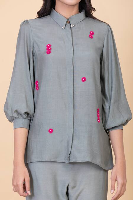 Shop_Chambray & CO._Green Silk Applique Collared Leilah Work Shirt And Pant Set _Online_at_Aza_Fashions