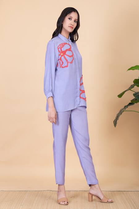 Chambray & CO._Purple All Weather Pure Silk Embroidery Appliques Azra Work Shirt And Pant Set _Online_at_Aza_Fashions