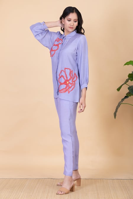 Buy_Chambray & CO._Purple All Weather Pure Silk Embroidery Appliques Azra Work Shirt And Pant Set _Online_at_Aza_Fashions