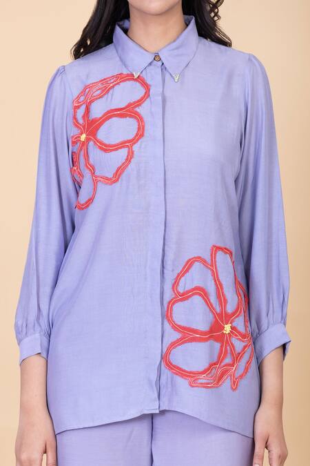 Shop_Chambray & CO._Purple All Weather Pure Silk Embroidery Appliques Azra Work Shirt And Pant Set _Online_at_Aza_Fashions
