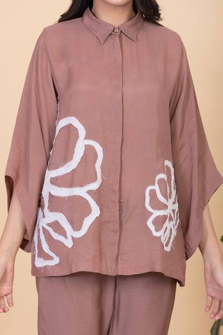 Chambray & CO._Brown Silk Beads Collared Faiza Applique Work Shirt And Pant Set _Online_at_Aza_Fashions