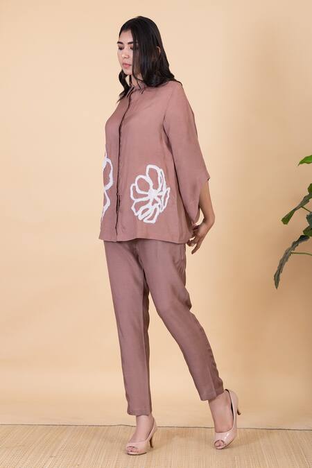 Shop_Chambray & CO._Brown Silk Beads Collared Faiza Applique Work Shirt And Pant Set _Online_at_Aza_Fashions