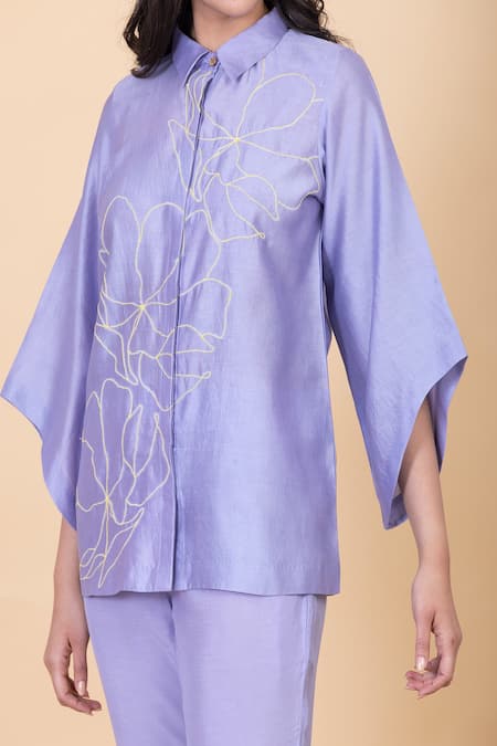 Chambray & CO._Purple Silk Embroidery Collared Anae Flower Shirt And Pant Set _Online_at_Aza_Fashions