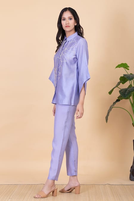 Shop_Chambray & CO._Purple Silk Embroidery Collared Anae Flower Shirt And Pant Set _Online_at_Aza_Fashions