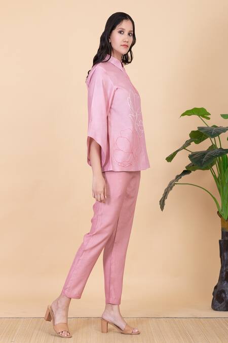 Chambray & CO._Pink Silk Embroidery Collared Fiah Flower Shirt And Pant Set _Online_at_Aza_Fashions