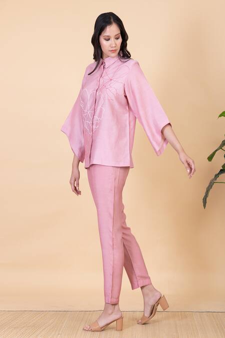 Buy_Chambray & CO._Pink Silk Embroidery Collared Fiah Flower Shirt And Pant Set _Online_at_Aza_Fashions