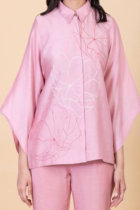 Shop_Chambray & CO._Pink Silk Embroidery Collared Fiah Flower Shirt And Pant Set _Online_at_Aza_Fashions