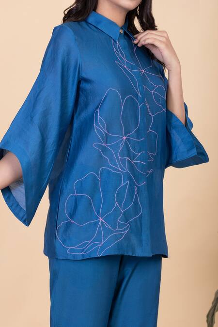 Chambray & CO._Blue Silk Embroidery Collared Jade Flower Shirt And Pant Set _Online_at_Aza_Fashions