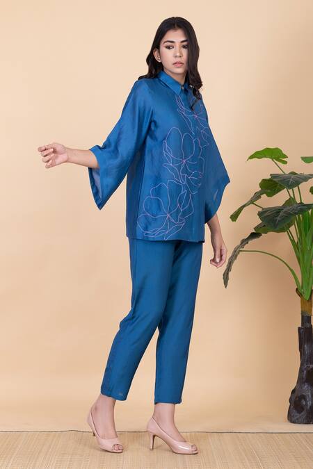 Shop_Chambray & CO._Blue Silk Embroidery Collared Jade Flower Shirt And Pant Set _Online_at_Aza_Fashions