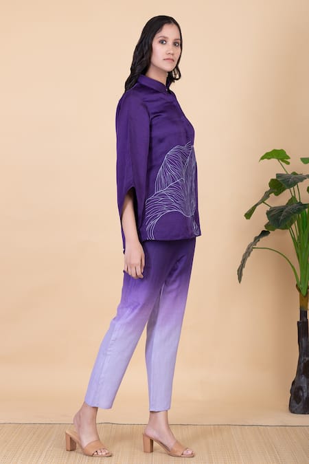 Chambray & CO._Purple Silk Embroidery Collared Yvette Flower Shirt And Ombre Pant Set _Online_at_Aza_Fashions