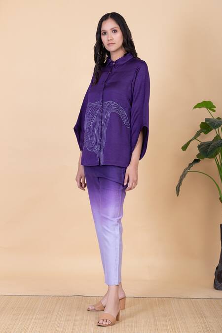 Buy_Chambray & CO._Purple Silk Embroidery Collared Yvette Flower Shirt And Ombre Pant Set _Online_at_Aza_Fashions