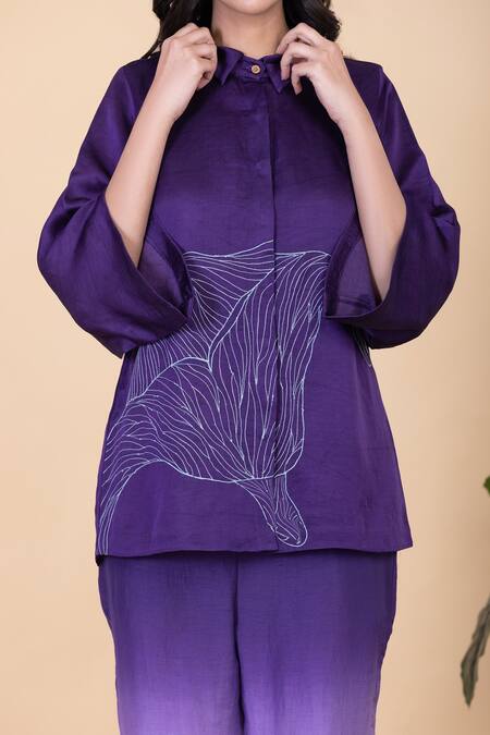 Shop_Chambray & CO._Purple Silk Embroidery Collared Yvette Flower Shirt And Ombre Pant Set _Online_at_Aza_Fashions