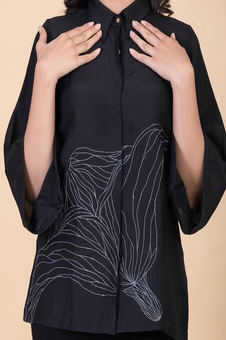 Chambray & CO._Black Silk Embroidery Collared Maze Shirt And Wide Legged Pant Set _Online_at_Aza_Fashions