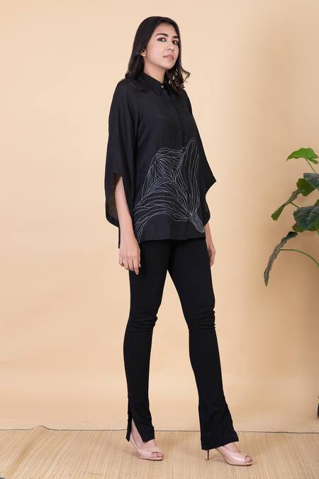 Buy_Chambray & CO._Black Silk Embroidery Collared Maze Shirt And Wide Legged Pant Set _Online_at_Aza_Fashions
