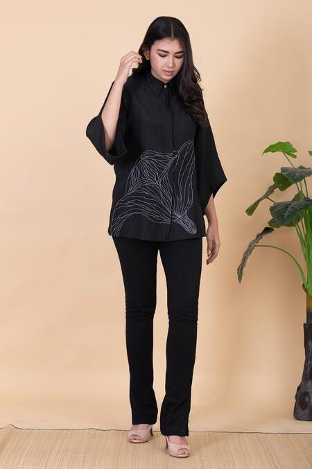 Shop_Chambray & CO._Black Silk Embroidery Collared Maze Shirt And Wide Legged Pant Set _Online_at_Aza_Fashions