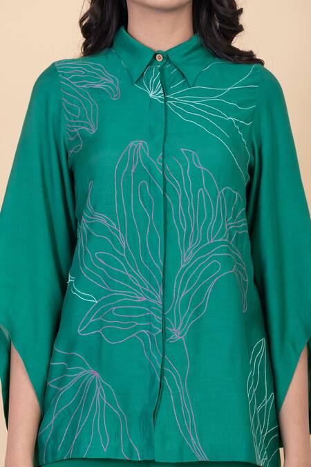 Chambray & CO._Green Silk Embroidery Collared Emma Shirt And Wide Legged Pant Set _Online_at_Aza_Fashions