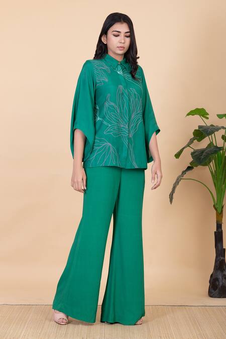 Buy_Chambray & CO._Green Silk Embroidery Collared Emma Shirt And Wide Legged Pant Set _Online_at_Aza_Fashions