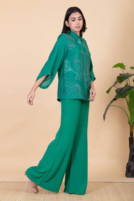 Shop_Chambray & CO._Green Silk Embroidery Collared Emma Shirt And Wide Legged Pant Set _Online_at_Aza_Fashions