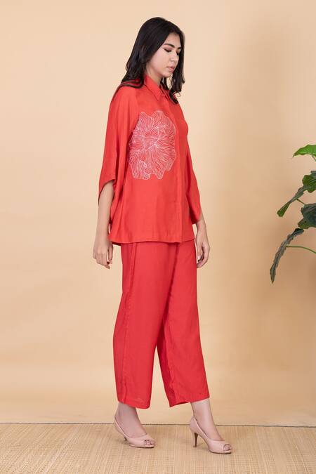 Chambray & CO._Coral Silk Embroidery Collared Red Flower Shirt And Pant Set _Online_at_Aza_Fashions