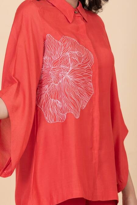 Shop_Chambray & CO._Coral Silk Embroidery Collared Red Flower Shirt And Pant Set _Online_at_Aza_Fashions