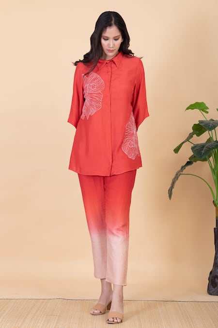 Chambray & CO._Coral Silk Embroidery Collared Klara Flower Shirt And Pant Set _Online_at_Aza_Fashions