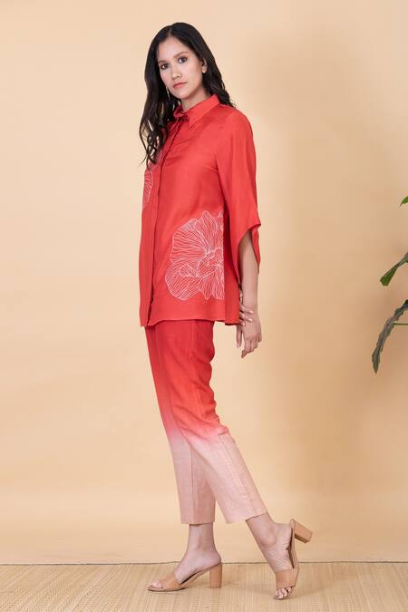Buy_Chambray & CO._Coral Silk Embroidery Collared Klara Flower Shirt And Pant Set _Online_at_Aza_Fashions