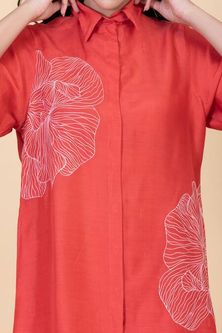 Shop_Chambray & CO._Coral Silk Embroidery Collared Klara Flower Shirt And Pant Set _Online_at_Aza_Fashions