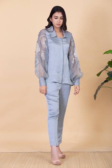 Chambray & CO._Grey Silk Embroidery Collared Iza Shirt And Pant Set _Online_at_Aza_Fashions