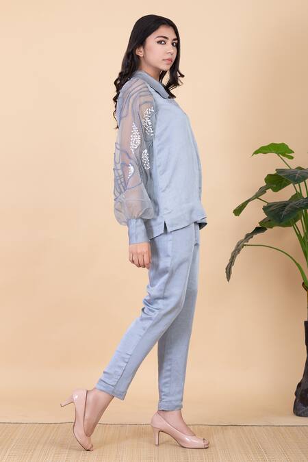 Shop_Chambray & CO._Grey Silk Embroidery Collared Iza Shirt And Pant Set _Online_at_Aza_Fashions